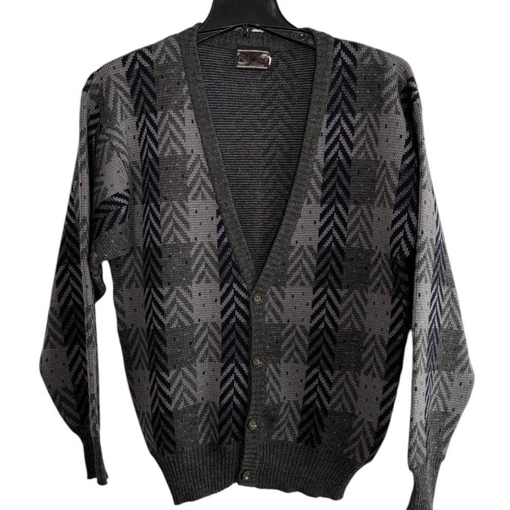 VTG Mens Cardigan Sweater Geometric Grandpa Medium Pure Wool Kurt Cobain 80s 90s